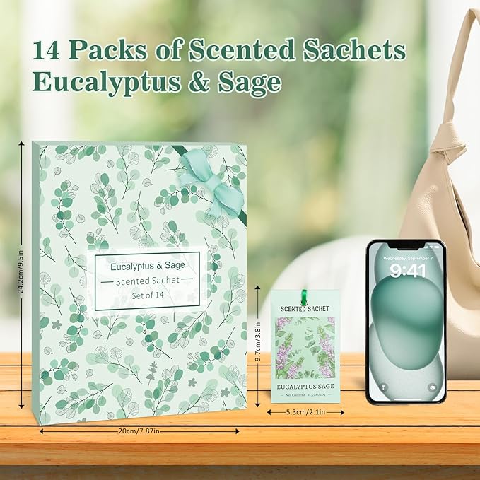 SCENTORINI Sachets for Drawers and Closets, Eucalyptus Sage Sachets Bags, Pack of 14, Home Fragrance Sachet for Wardrobe, Closet, Drawer - Image 4